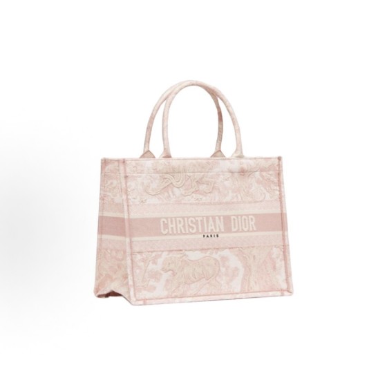 DIOR迪奥 BookTote 印花⽼⻁图案⼤容量 刺绣 ⼿提包 中号 ⼥款 糖果⾊拼粉⾊